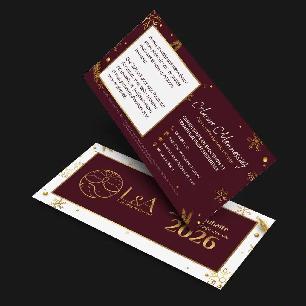 Carte de voeux professionnelle 2026 bordeaux et or, recto-verso, créée pour L&A Coaching et Conseil, coach à Lille